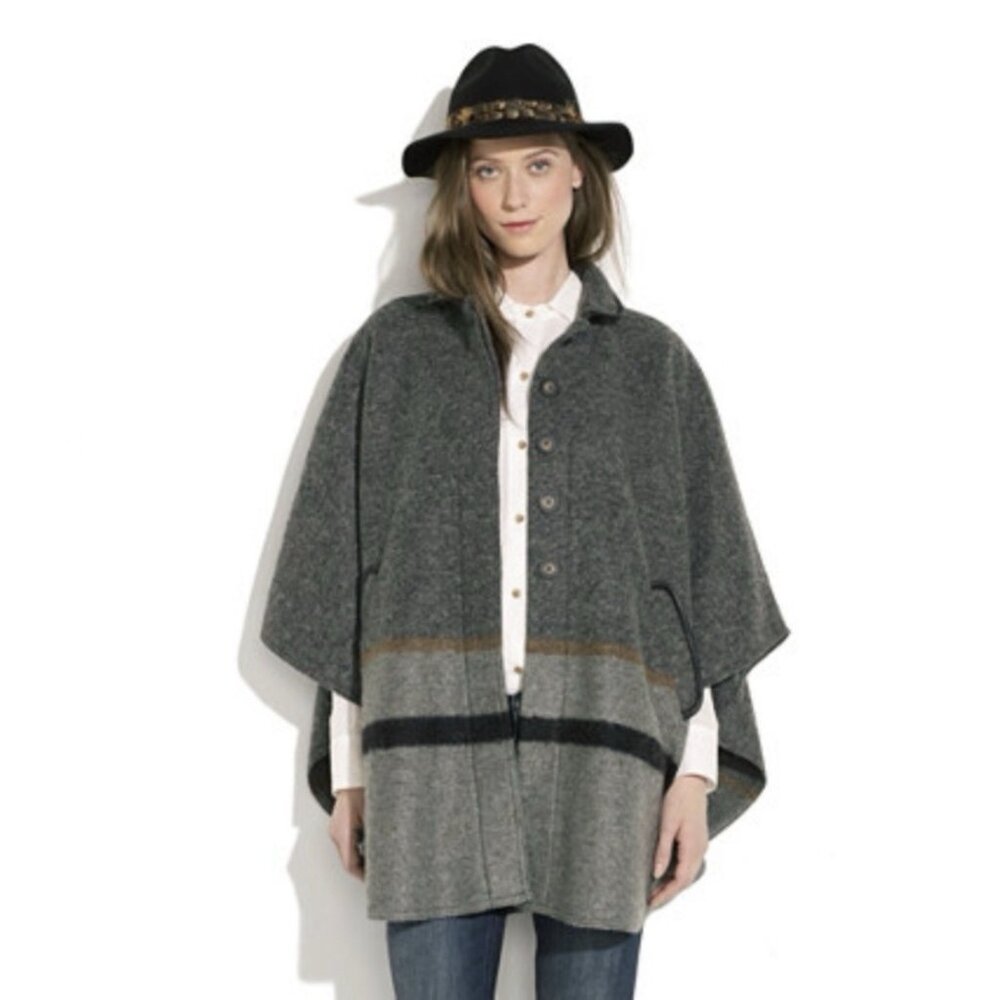 Madewell Hi-Line Trailrider Poncho L Womens Gray Colorblock Striped Button Front